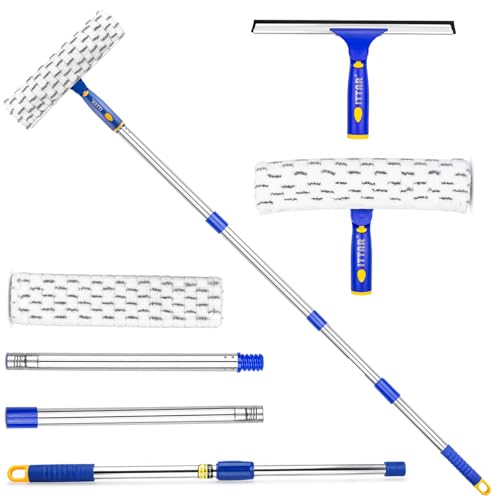 ITTAR Window Squeegee Cleaning Kit with 60 Inch Extension Pole, Glass Cleaner Tool 12" Rubber Blade & 2 Microfiber Pads, Window Washing Equipment for High Windows, Shower Doors, Car Windshield