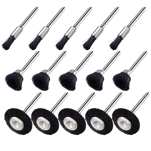 EASYIKI 15 Pieces Black Hair Polishing Brushes, Mini Brush Wheel, Polishing Wheel Kits for Rotary Tools (1/8 Inch Shank)