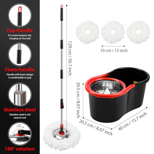 Spin Mop and Bucket with Wringer Set,360° Mop and Bucket System with 3 Microfiber Mop Refills and 50" Extended Handle for Floor Cleaning (Black)