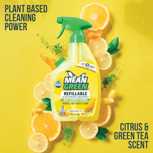 Mean Green Refillable Ultra Powered Multi-Purpose Cleaner Concentrate, Citrus & Green Tea, 14.3 fl oz – Plant & Mineral Based, Cuts Through Grease & Grime, Refillable Bottle Makes 4X Refills