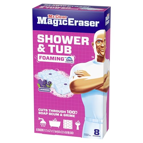 Mr. Clean Magic Eraser Sponge, Bathroom, Shower, Tub Cleaner, Soap Scum Remover, Bathroom Cleaning Supplies, Dawn Cleaning Power with Lavender Scent, Shower & Tub, 8ct