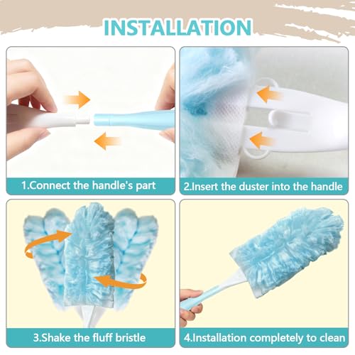 WAWINY 60 Pack Duster Refills Kit Disposable for Swiffer Duster Handle,360° Deep Cleaner Heavy Duty Replacement with 1 Handle,for Home, Blinds, Car, Pet, Furniture, Fans(Blue)