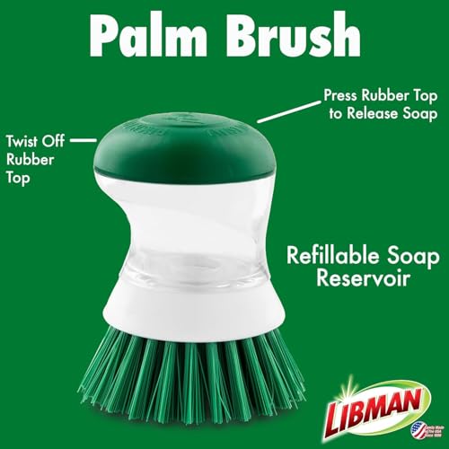 Libman Palm Brush with Soap Dispenser – Dish Brush for Pots, Pans & Kitchen Sink Cleaning – Ergonomic Grip, Non-Leaking Button, Durable Angled Bristles – Recycled PET Fibers – 4” x 3.25”