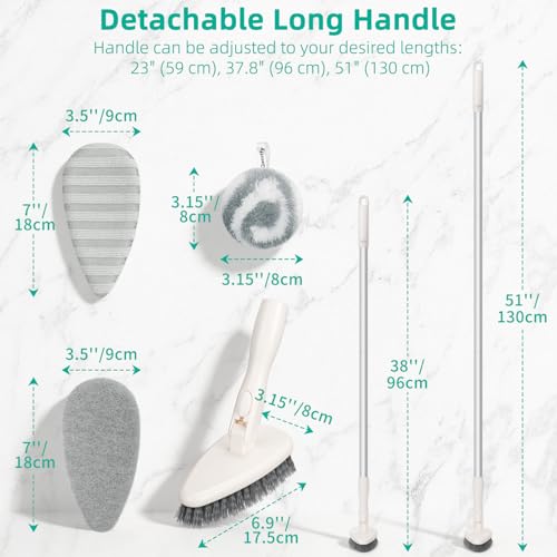 Qaestfy 4-in-1 Tub and Tile Shower Scrubber, 51'' Bathtub Cleaning Brush with Long Handle, Soft & Stiff Bristles Bathroom Scrub Brush, Non-Scratch Shower Cleaner Brush for Cleaning