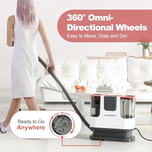 Upholstery Carpet Cleaner, MUJERBAY UltraHeat 12Kpa Portable Spot & Stain, Move with Universal Wheels & Handle, 1.18-inch Deep Cleaning Machine for Couch, Stairs, Car & Pet Messes.Silvery Black