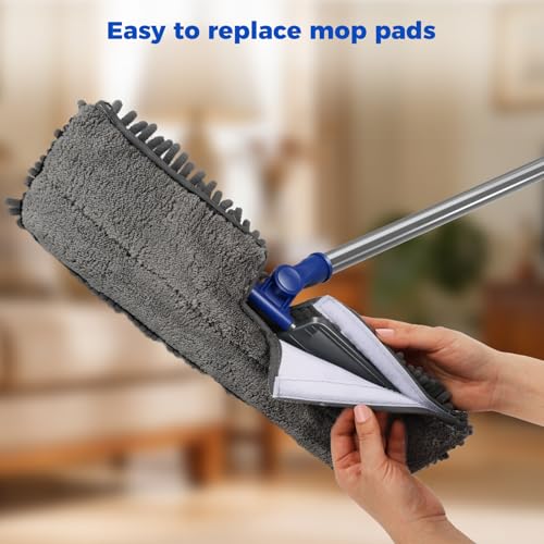 Masthome Microfiber Flat Mop, 16" Wide Floor Mop with 4 Reusable Pads & Hair Scraper, 360° Swivel Dual Sided Flip Mops, Wet Dry Dust Mop for Hardwood, Laminate, Tile, Pet Hai