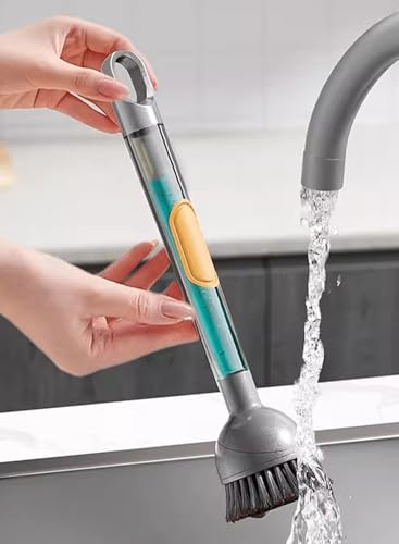 CuLiDing Soap Dispensing Dish Brush with Handle, 360° Rotating Head, 5-Piece Kitchen Cleaning Set (2 Brush Heads & 3 Sponges), Non-Scratch Scrubber for Pot, Pan, Sink, Leak-Proof Dishwand, Grey