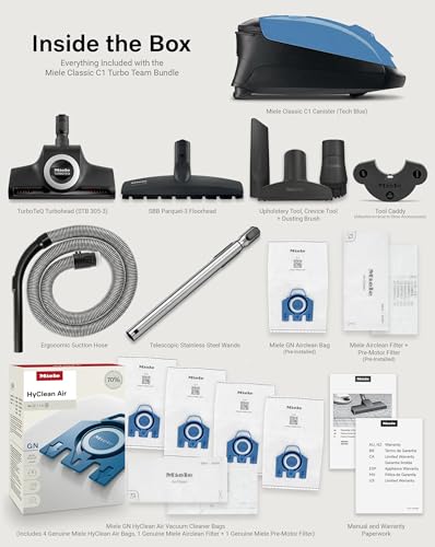 Miele Classic C1 Turbo Team Bagged Canister Vacuum, Tech Blue - Portable, Household w/TurboTeQ Turbohead + Parquet-3 Floorhead Bundle - Includes 4 GN FilterBags + AirClean Filter and Pre-Motor Filter