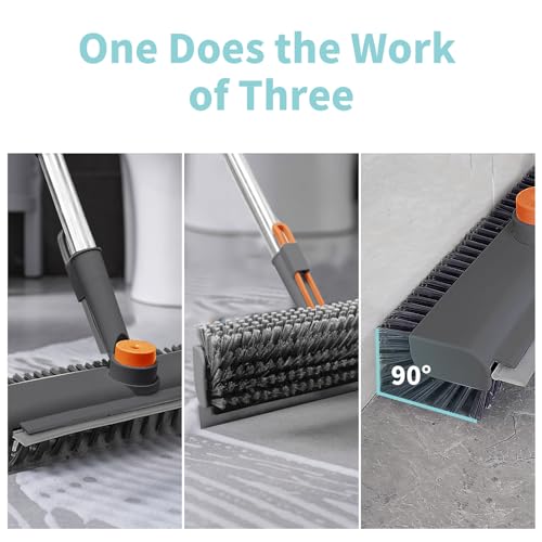 Floor Scrub Brush with Long Handle, 3 in 1 Scrape and Heavy-Duty Stiff Bristle Scrubber Brush for Cleaning Shower Bathroom, Patio, Pool, Garage, Kitchen, Wall and Deck (Gray, 1 Pack)