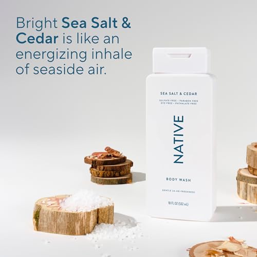 Native Sea Salt & Cedar Scent 24-Hr Refreshing Clean Body Wash for Men & Women, for All Skin Types Incl. Sensitive, Leaves Skin Feeling Clean & Soft, Free of Phthalates, Sulfates & Parabens, 18 oz