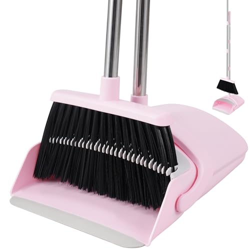 BSKLIN Broom and Dustpan Set for Home, 52” Long Handle Broom with Dustpan Combo Set with Dust Pan Teeth to Clean Hair Sweeping Set for Kitchen Hardwood Floors Pet Hair (Pink)