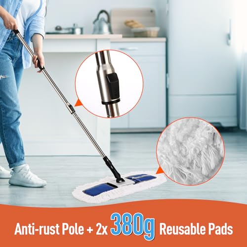 CLEANHOME 24" Heavy-Duty Commercial Dust Mop for Hardwood Floors & Large Areas - with 2 Microfiber Pads, Reinforced Telescoping Handle for Stable Cleaning in Homes, Garages & Commercial Spaces
