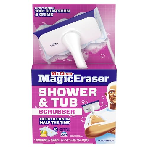 Mr. Clean Magic Eraser Shower & Tub Scrubber, Bathroom Cleaner, All in One Bathroom Cleaner, Lemon Starter Kit, 2 Scrubber, 5 Foaming Magic Erasers, 1 Whole Home Extra Durable Magic Eraser