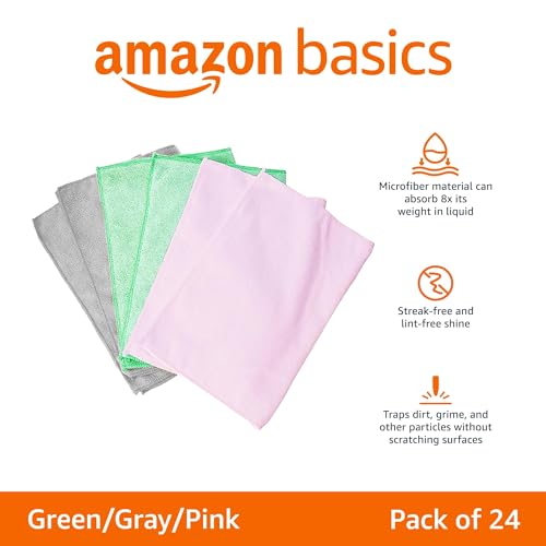 Amazon Basics Microfiber Cleaning Cloths, Ultra-Soft and Highly Absorbent, Streak-Free, Lint-Free, Scratch-Free, Washable, for Car Detailing and Glass Cleaning, 16" x 12", Green/Gray/Pink, 24-Pack