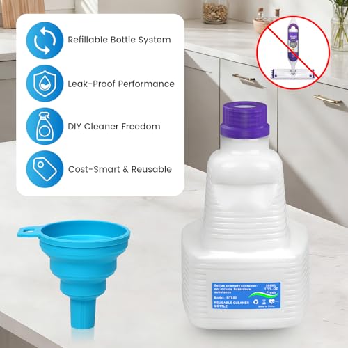 1 Pack Refillable Bottle for Swiffer Wet Jet Mop - 500ML Leak-Proof HDPE Empty Cleaner Solution Bottle with 5 Silicone Gaskets & 1 Funnel Wood Care & Pet Safe, Eco-Friendly