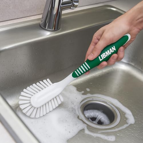 LIBMAN Kitchen Scrub Brush with Long Handle - 3 Pk Kitchen Brush for Dishes - Dish Scrubber Cleaning Brushes for Sinks, Bottles, Pots, Pans, Vegetables - All Purpose
