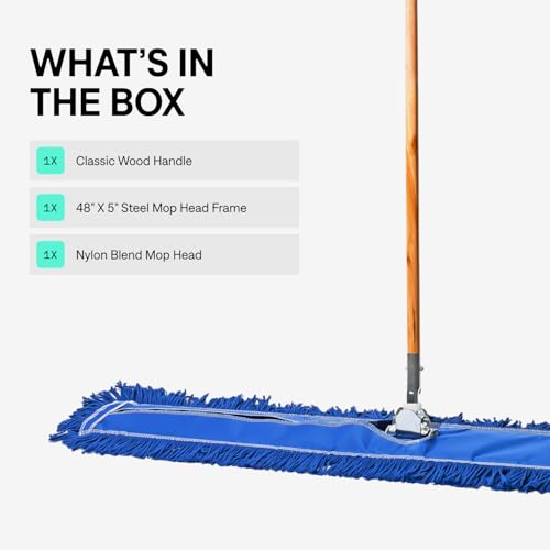 Tidy Tools Commercial Floor Sweeper, 48 in. Reusable Mop Head, Wooden Handle, Industrial Dry Mop for Hardwood Floors, Blue