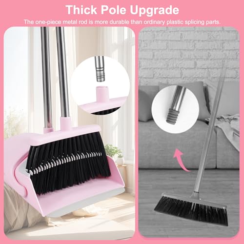 BSKLIN Broom and Dustpan Set for Home, 52” Long Handle Broom with Dustpan Combo Set with Dust Pan Teeth to Clean Hair Sweeping Set for Kitchen Hardwood Floors Pet Hair (Pink)