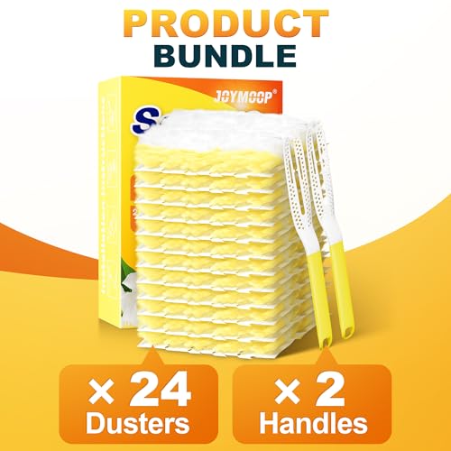 JOYMOOP Disposable Electrostatic Duster for Cleaning, with 2 Handles & 24 Ct Yellow Heavy Duty Refills for Swiffer Feather Duster, Household Cleaning Tool for Electronics, Dusting Furniture, Blinds