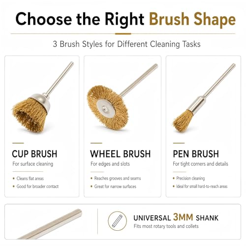 PHYHOO Brass Wire Brushes Cup Wheels Polish Cleaning Brush Kit Polishing Attachment Die Grinder Rotary Tools Accessories 3 MM Mandrel 60 Pieces