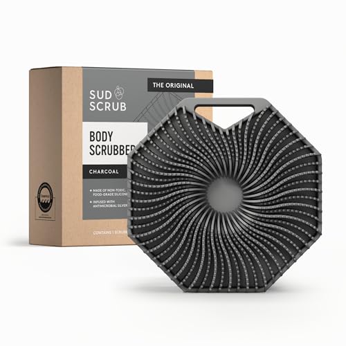 Sud Scrub® Antimicrobial Silicone Body Scrubber, Exfoliating Body Brush for Sensitive Skin, Antibacterial Shower Scrubber for Body, Bathroom Essentials for Men & Women, Charcoal
