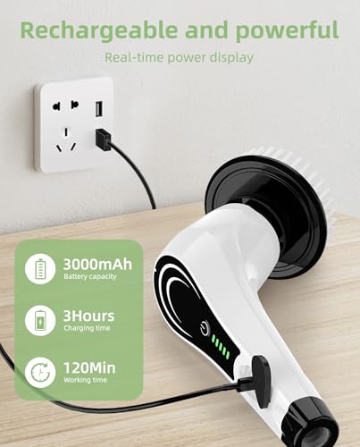 Lichffy Electric Spin Scrubber, Cordless Floor Scrubber Machine with 8 Cleaning Pads & Telescopic Handle, Bathroom Scrubber for Cleaning Tile Grout Tub Shower Floor Window Carpet, White-rx2...