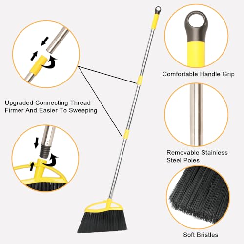 Gloffer Soft Bristles Broom for Indoor Sweeping, Household Cleaning Angle Broom with 55inch Long Handle for Home Office Hardwood Tile Floors Kitchen