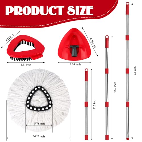 Spin Mop Replacement Set for O-Ceda EasyWring 1-Tank System, 16 Microfiber Spin Mops Refills,1 Scrubber Head,1 Triangle Spin Base,and(31-63in) Adjustable Handle Set Combo