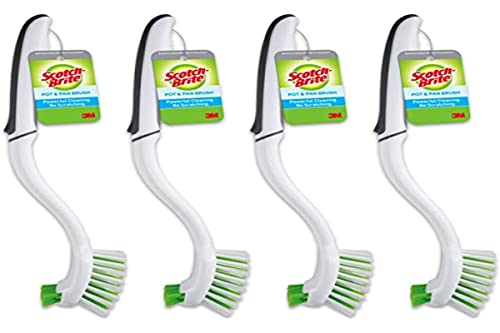 Scotch-Brite Pot + Pan Brush, Durable and Long Lasting Dish Brush with Handle for Scrubbing Stainless Steel, Outdoor Furniture, and Sinks without Scratching, Antimicrobial, and Rinses Clean