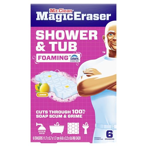 Mr. Clean Magic Eraser Sponge, Bathroom, Shower, Tub Cleaner, Soap Scum Remover, Bathroom Cleaning Supplies, Dawn Cleaning Power with Lemon Scent, Shower & Tub, 6ct
