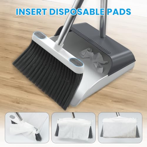 Stand Up Dustpan and Broom Set 50” Long Handle Broom with Dust Pan, 20° Angled for Ergonomic Home Office Indoor Sweeping