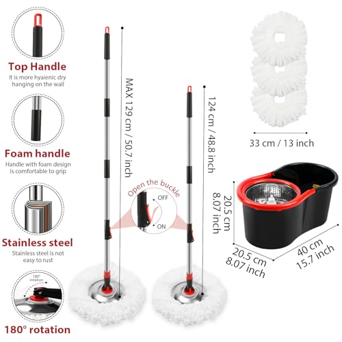 Spin Mop and Bucket with Wringer Set, 360° Spinning Mop Bucket System with 3 Microfiber Mop Replacement Heads and 51" Stainless Steel Adjustable Handle for Floor Cleaning (15QT)