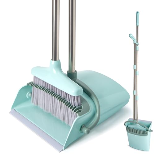 XXXFLOWER Broom and Dustpan Set with Cleaning Teeth, 55" Long Handle Indoor Sweeping Combo for Home Office Kitchen, Bluish Green