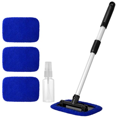 Qydipclin 11pcs Windshield Cleaner Tool, Car Window Cleaning Wash Kit with 6 Reusable Microfiber Pads 2 Spray Bottles and Extendable Handles Auto Glass Wiper Kit, Blue