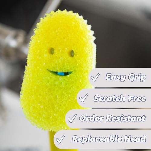 Scrub Daddy Dish Daddy Dish Wand & Connector Head, Soap Dispensing Dish Brush, Texture Changing Washing Up Sponge With Liquid Handle, Dish Sponge with Built-in Scraper, Scrubbing Head & Stand - Yellow