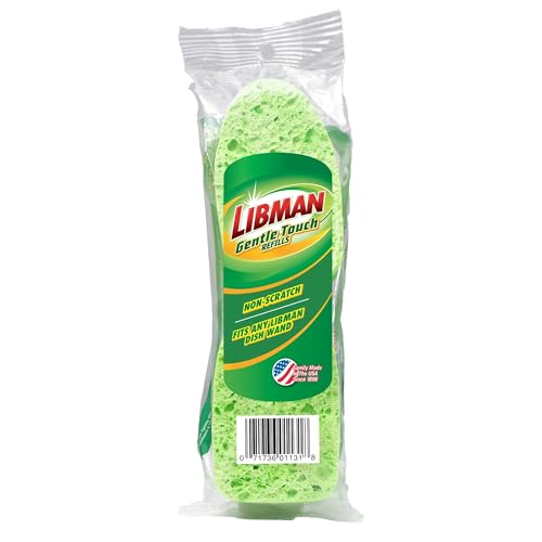 Libman 1131 Gentle Touch Dish Wand Refills, Non-Scratch Cellulose Sponge Heads with Scraper, Fits Libman #1130 Foaming Dish Wand, Made in USA, 12 Refills Total
