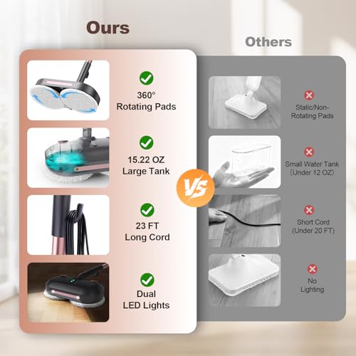 Scrub & Steam Mop with Rotating Mop Pads, All-in-One Scrubbing and Sanitizing Floor Cleaner, XL Water Tank, 23FT Cord, LED Headlights,Self-Standing for Hard Floor Laminate Marble Floors