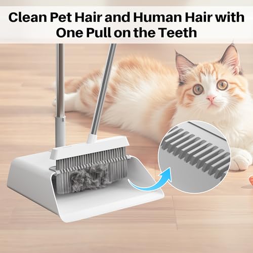 JOYMOOP White Broom and Dustpan Set, Upright Angle Design with Built-in Comb Teeth for Kitchen, Office, Pet Hair, Hard Floors