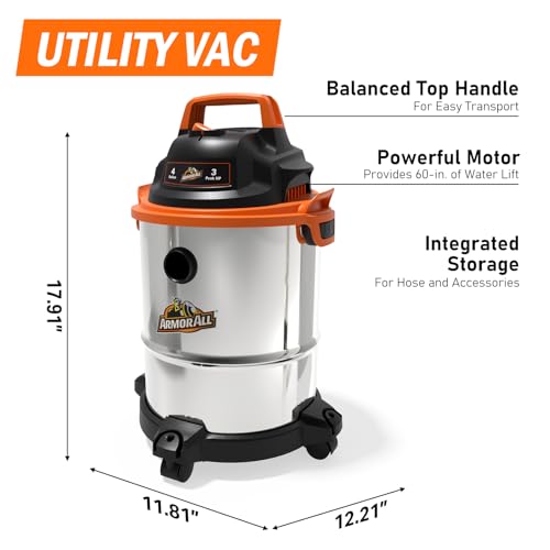 Armor All VO408S 0901 4 Gallon 3 Peak HP Stainless Steel Wet/Dry Vacuum, Orange