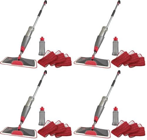 Rubbermaid Reveal Spray Mop Floor Cleaning Kit, 3 Reusable Microfiber Wet Pads, 1 Refillable Bottle, Cordless, Multi-Surface Mopping for All Home/Bathroom/Office Floors (Pack of 4)