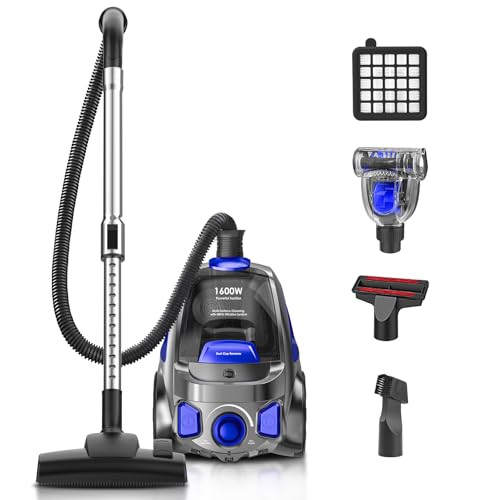 PKUYIE Canister Vacuum Cleaner, 40Kpa 1600W Cyclon Power Bagless Canister Vacuum Cleaners for Home, 3.7QT Large Dust Cup, Lightweight Vac for Hard Floors, Carpets, Pet Hair, Blue