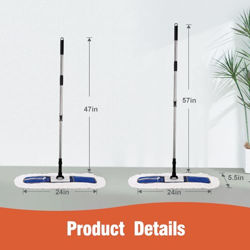CLEANHOME 24" Heavy-Duty Commercial Dust Mop for Hardwood Floors & Large Areas - with 2 Microfiber Pads, Reinforced Telescoping Handle for Stable Cleaning in Homes, Garages & Commercial Spaces