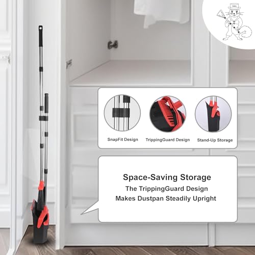 Tiumso Upgrade Broom with Dustpan Combo Set, Broom and Dustpan Set with 51'' Long Handle, Dust Pan and Brooms, ZeroGap Lip, Self-Cleaning Dustpans Teeth for Lobby Kitchen Restaurant - Black and Red