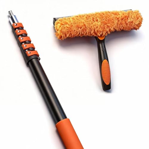30FT High Window Cleaning Kit, 5-24 FT Telescoping Extension Pole with Dual Action Flip-Lock & Screw Fixing Design, 2-in-1 Window Squeegee, Professional Long Handle Washing Tool for High Windows