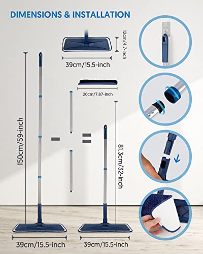 BPAWA Microfiber Mops for Floor Cleaning - Flat Floor Mop with 4 Washable Chenille Pads Dry Dust for Hardwood Laminate Wood Tile Vinyl Wall Hard Surfaces - 150cm Adjustable Long Handle