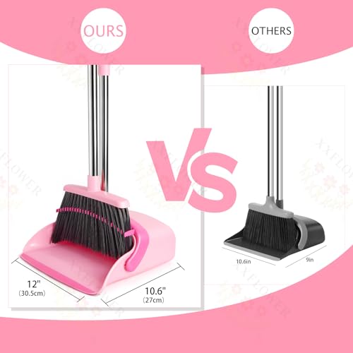 XXFLOWER Broom and Dustpan Set, Dustpans with Broom Combo for Home, Heavy Dust Broom and Dustpan Combo, Long Handle Dust Pan and Broom Set for Kitchen, Office, Pet Hair,Pink, Pack of 1