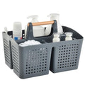 PAKCHOICE Portable Shower Caddy Basket with Wood Handle, 3-Compartment Bathroom Organizer Tote with Drain Holes, Plastic Shower Basket for Dorm, Toiletries, Cleaning Supplies, Dark Gray
