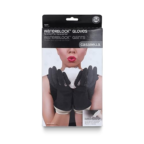 Casabella Premium Waterblock Latex Cleaning Gloves with Tapered Fit & Double Cuff, Breathable - Black - 6 Pack