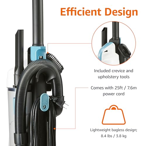 Amazon Basics Upright Bagless Vacuum Cleaner for Carpet and Hard Floors, Washable Filter, Crevice and Upholstery Tools, Detachable Handle, Lightweight, 1.7L Dust Cup, 25ft Cord, Black/White