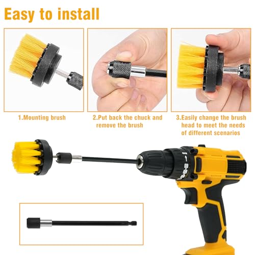 ETOUPA 8 Pcs Drill Brush Attachment Set, Power Cleaning Scrub Brush Kit with Extend Long Attachment, All Purpose Drill Scrub Brushes for Car, Grout, Floor, Tub, Bathroom and Kitchen (Yellow)